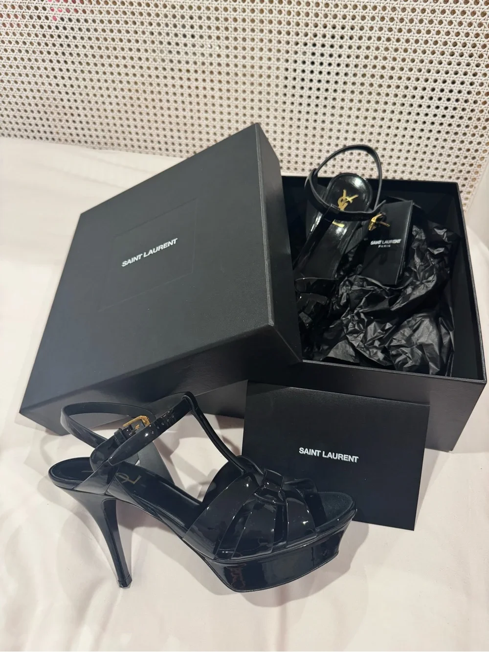 Tribute Saint Laurent Black Patent Leather Strappy Heels - Picture 3 of 7